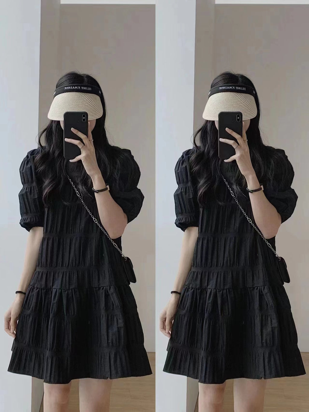 💕慵懶氣質小眾褶皺泡泡袖法式連衣裙