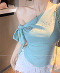 💕斜肩綁帶修身收腰短袖上衣