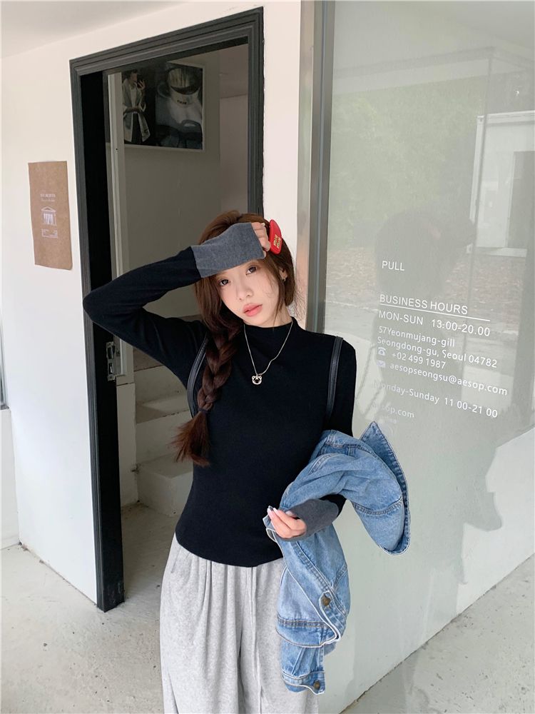 💕通勤百搭撞色長袖針織修身打底上衣