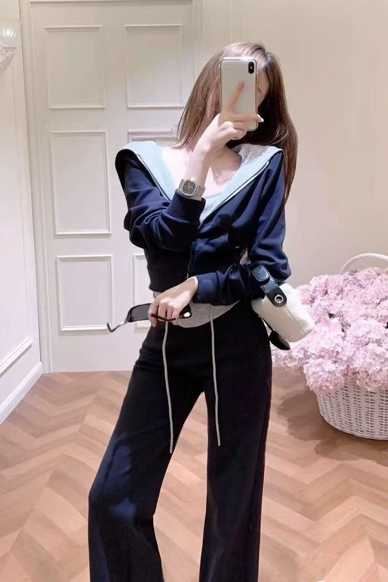 💕秋季高級感百搭連帽外套高腰休閒褲套裝