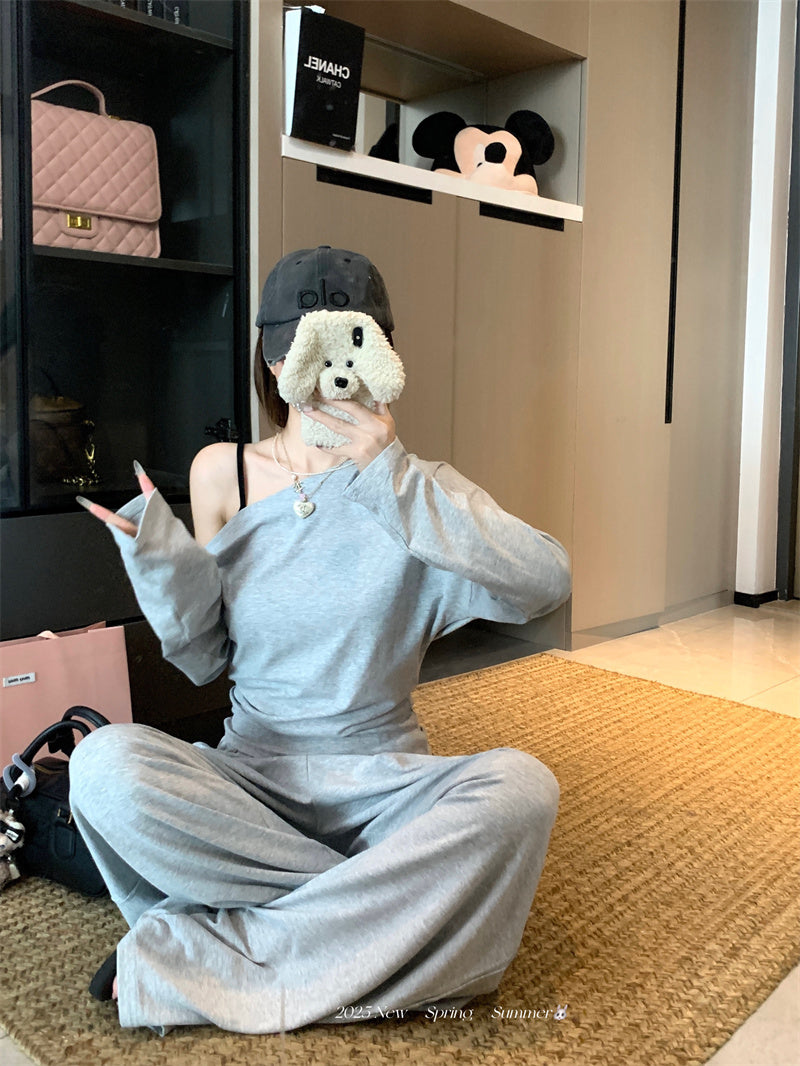 💕純御高彈斜肩長袖闊腿休閒褲套裝