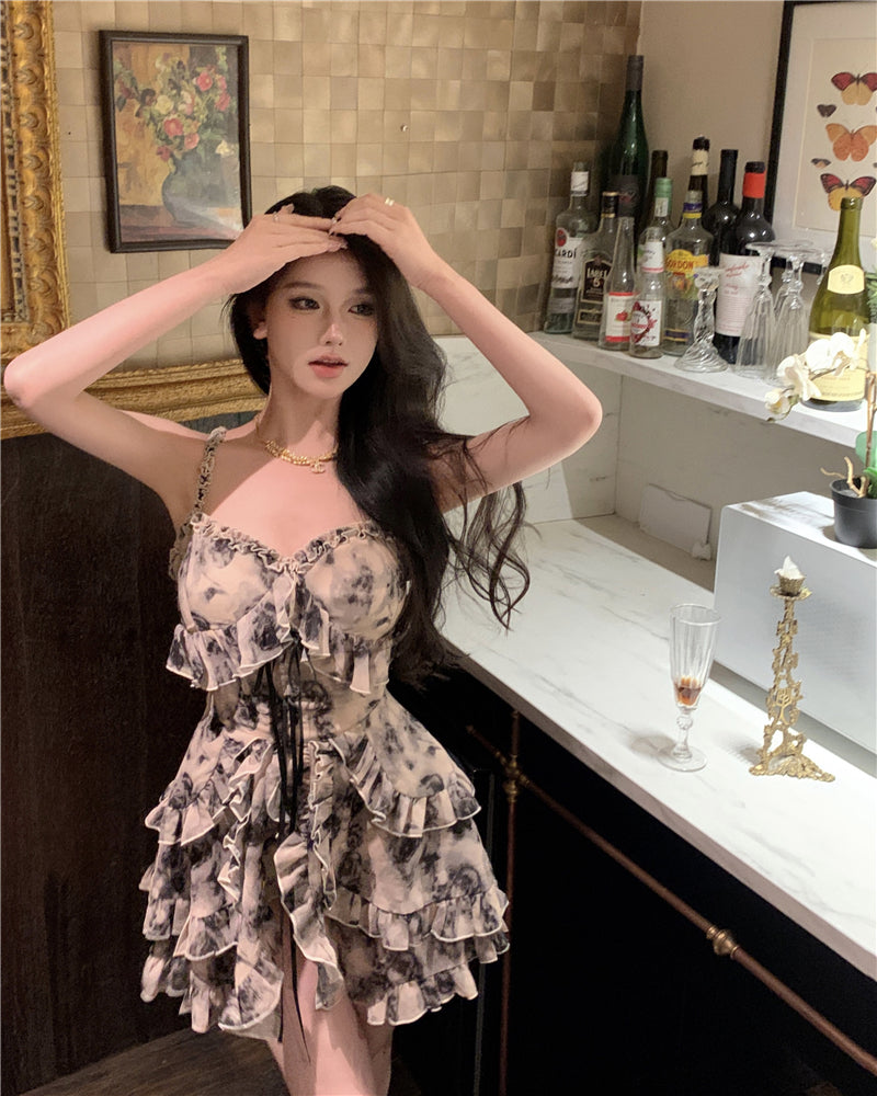 💕溫柔系水墨碎花小眾雪紡吊帶連衣裙