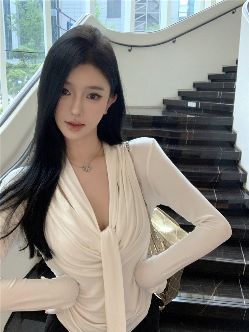 💕韓系設計感褶皺盪領飄帶長袖打底衣