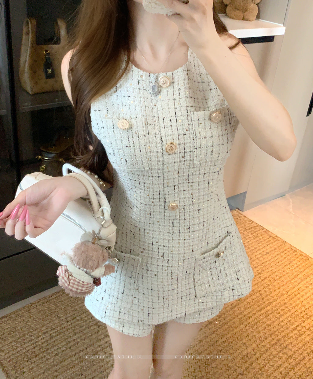 💕名媛小香千金風收腰無袖上衣短褲兩件套