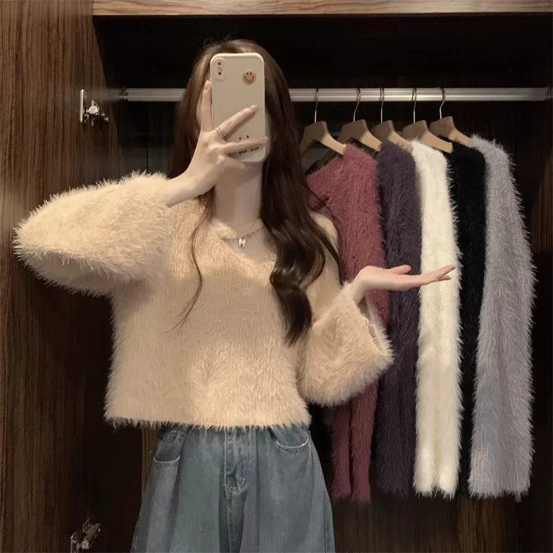 💕秋冬慵懶軟糯水貂毛短款上衣