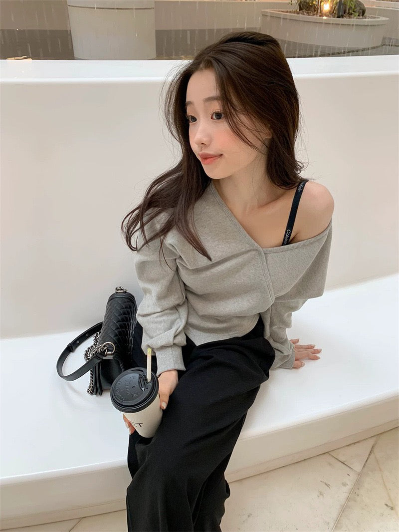 💕韓系露肩不規則休閒純色衛衣