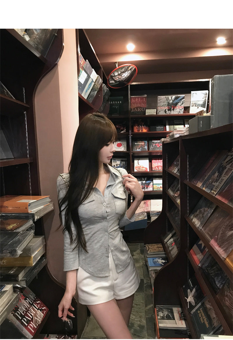 💕氣質翻領長袖收腰鈕扣襯衫