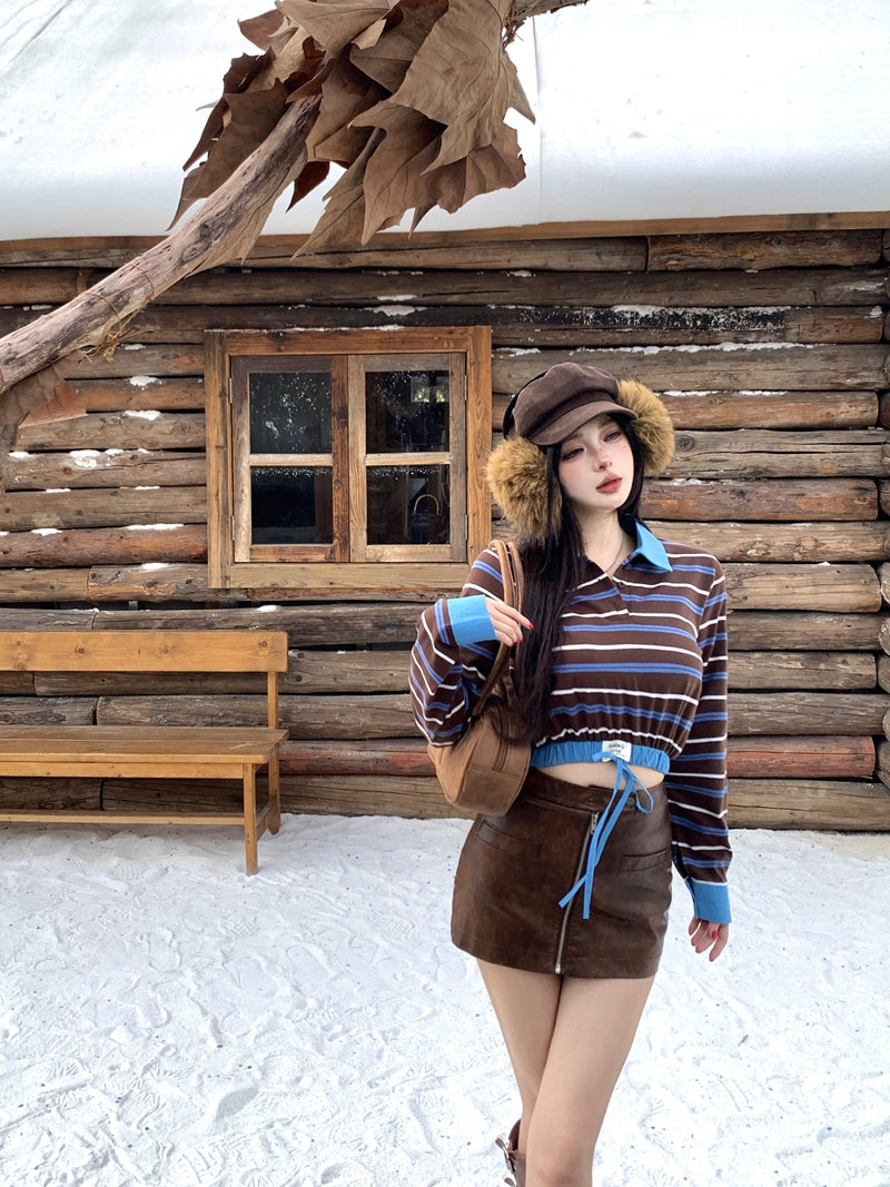💕復古時尚撞色條紋拼接POLO長袖上衣
