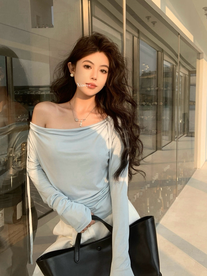 💕春夏甜美溫柔舒適盪領飄帶長袖上衣