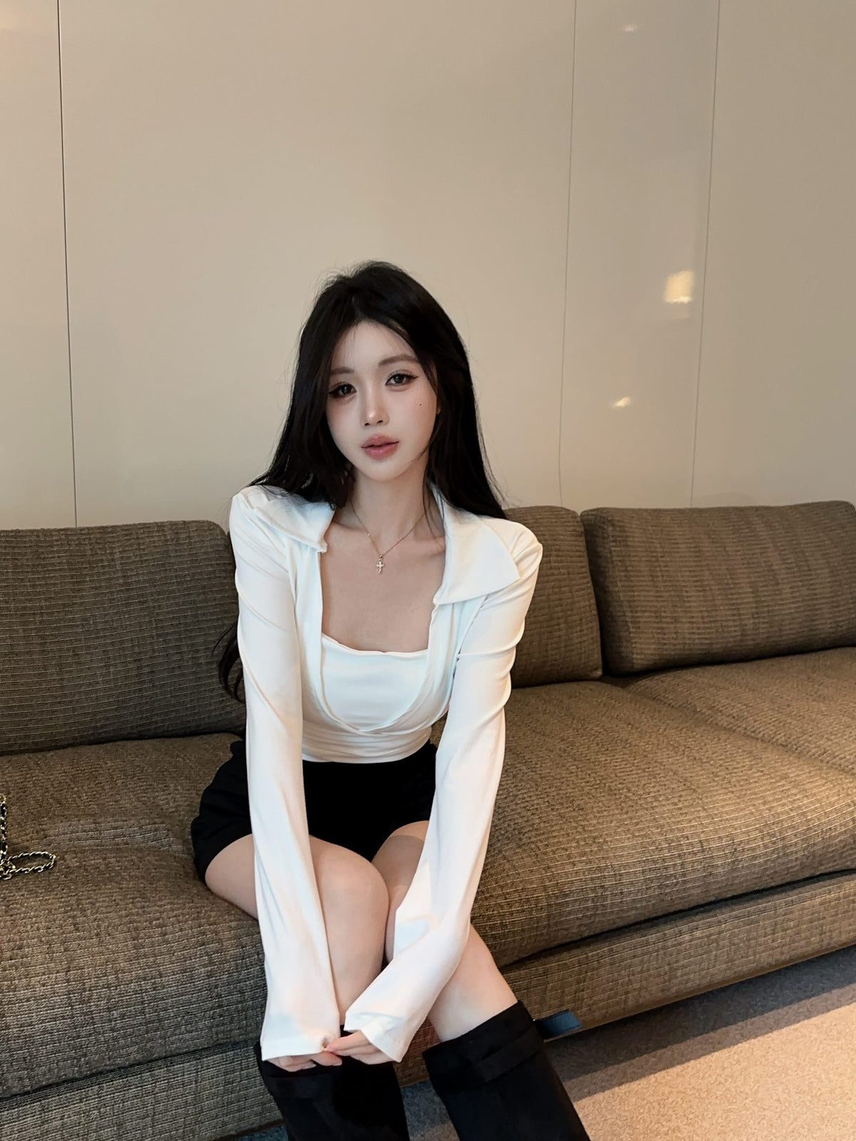 💕綁帶胸墊長袖翻領開衫吊帶兩件套
