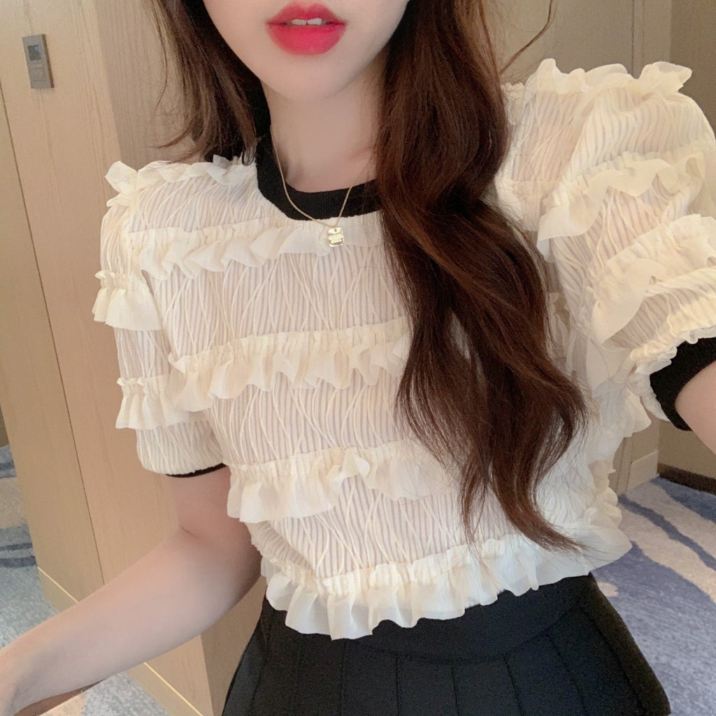 💕法式溫柔可愛木耳邊圓領顯瘦上衣
