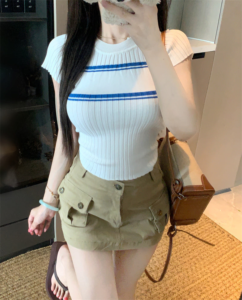 💕撞色條紋短袖針織圓領上衣