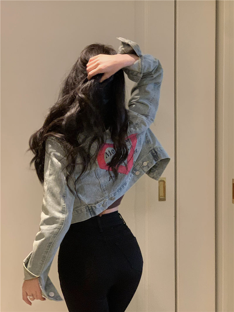 💕美式甜酷塗鴉字母印花短款夾克牛仔外套