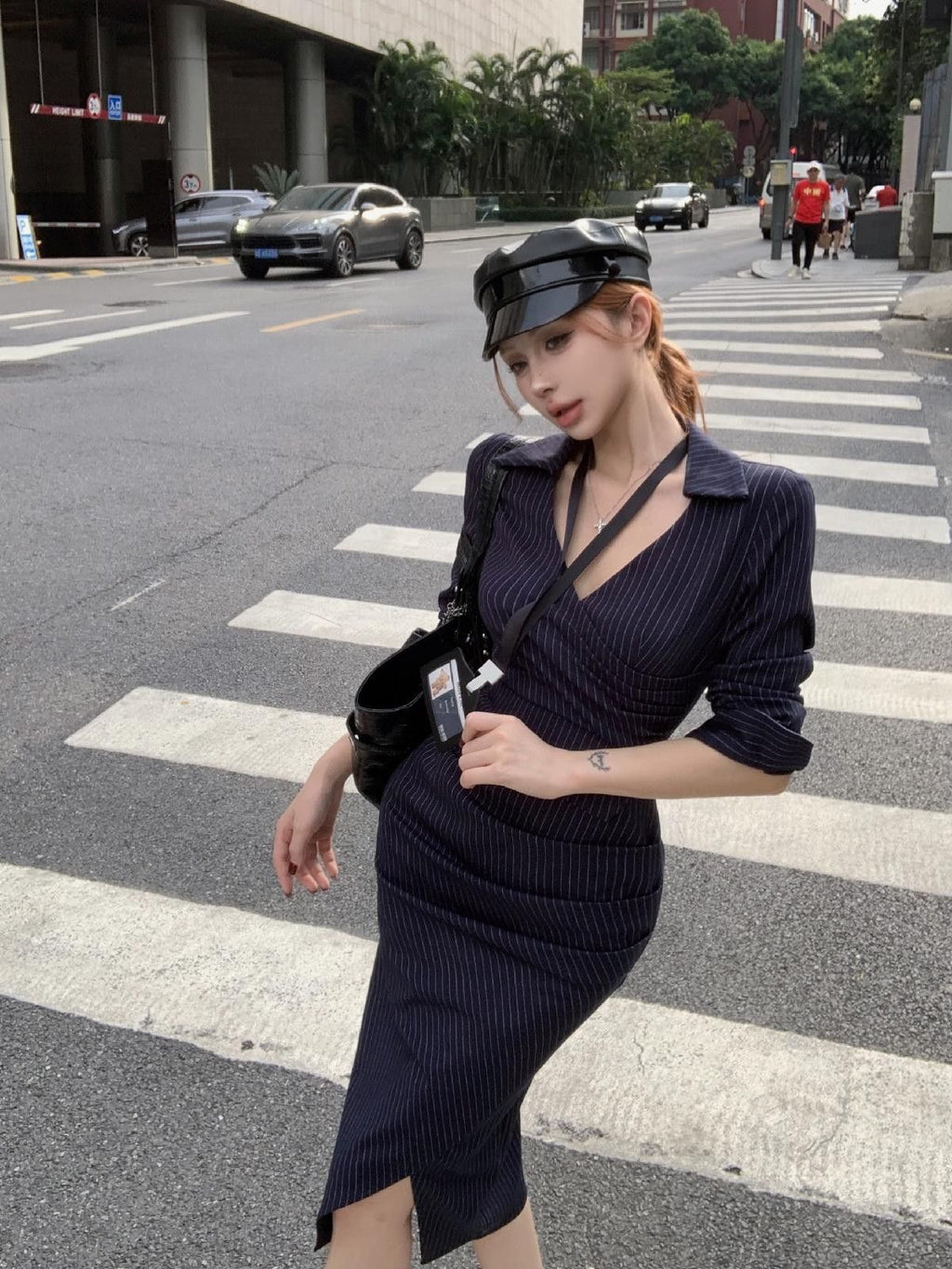 💕高級性感法式條紋V領長袖襯衫連衣裙