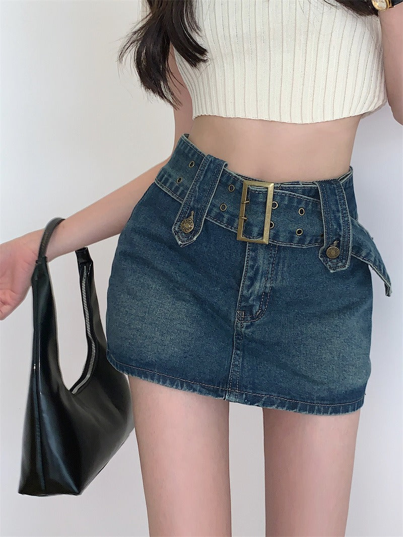 💕美式性感復古小口袋拉鍊開衩牛仔短褲裙