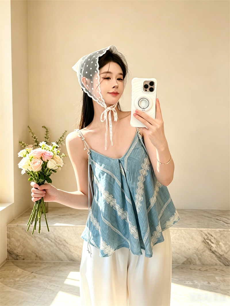 💕無袖背心寬鬆藍色不規則V領上衣