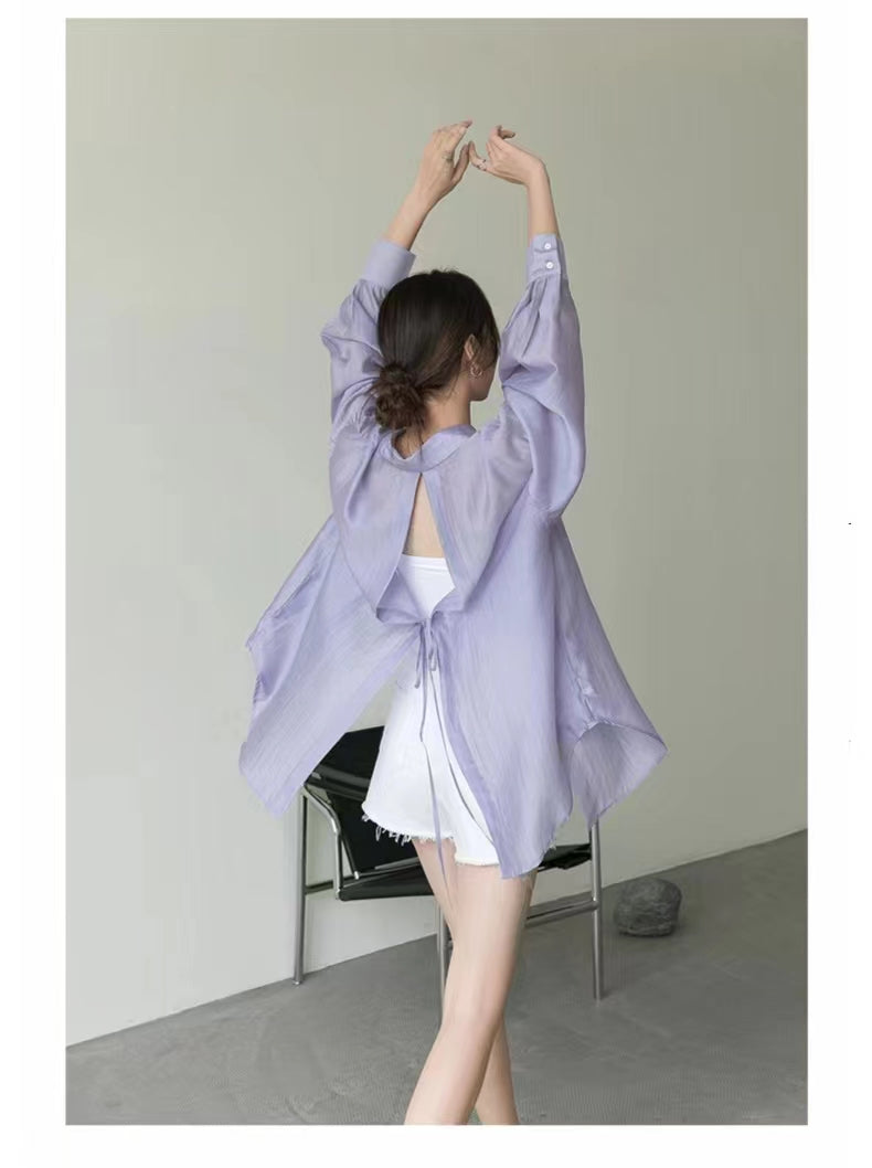 💕夏季天絲小眾薄款開衩防曬襯衫