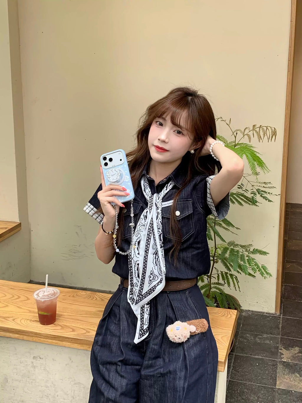 💕夏季原色天絲牛仔闊腿褲套裝