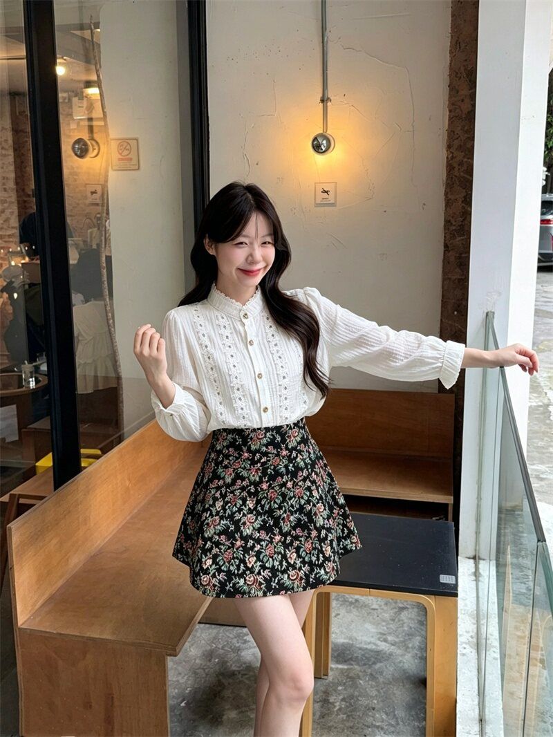 💕法式泡泡袖襯衫碎花半身裙小個子兩件套