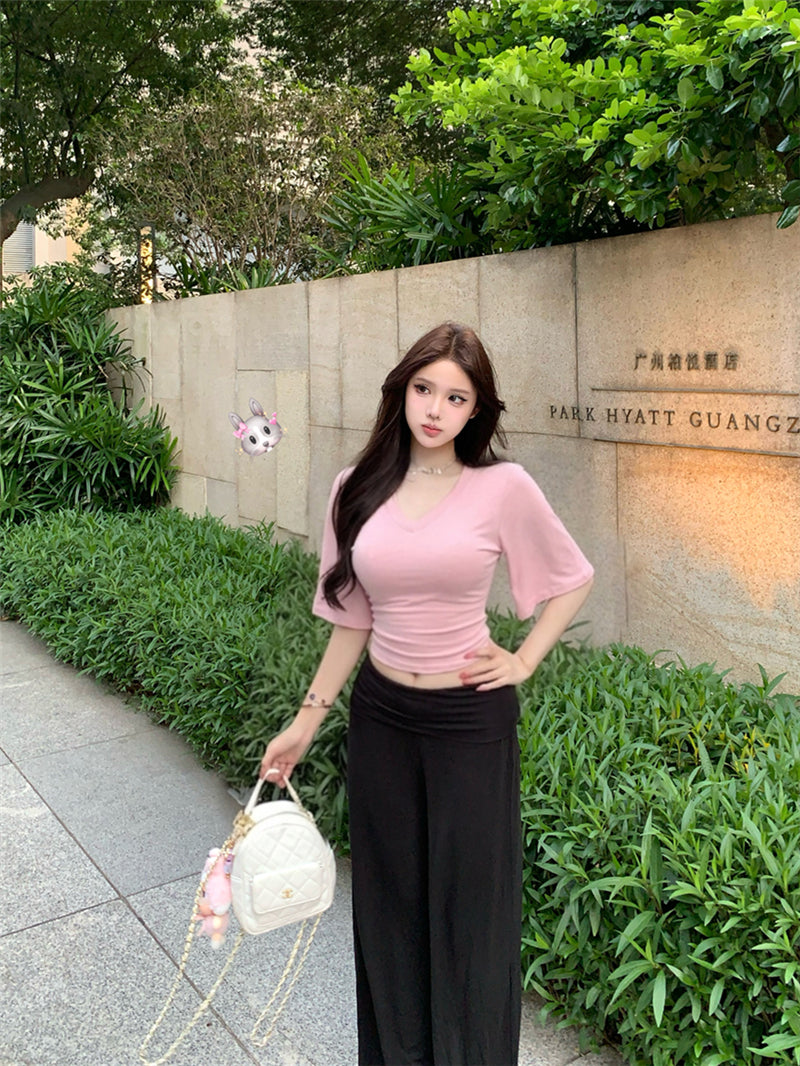 💕慵懶風V領收腰顯瘦蝙蝠袖上衣&直筒褲套裝