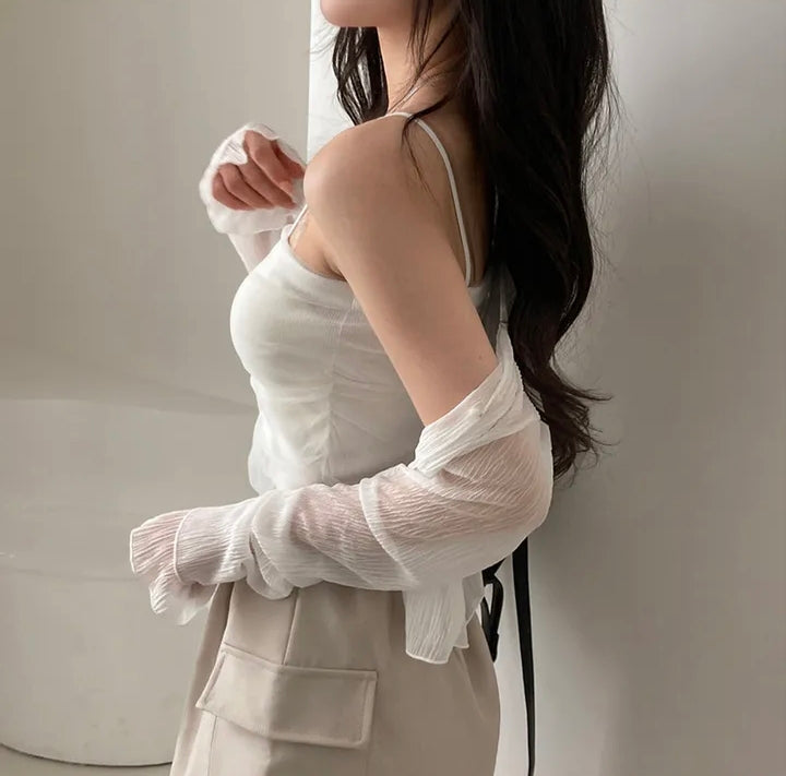 💕春夏防曬長袖雪紡開衫+網紗拼接針織吊帶